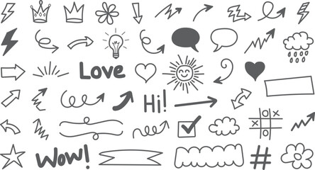 Hand drawn sketch doodle set. Hand drawn line heart, crown, star symbol highlight marker shape. Vector illustration. Hand drawn brush style doodle element set