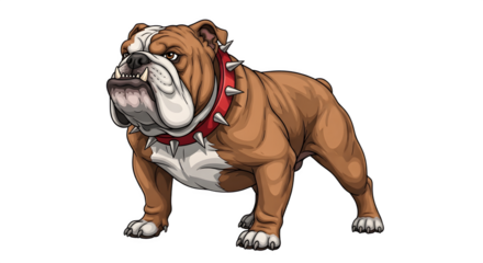 A powerful bulldog with a spiked collar stands alert.