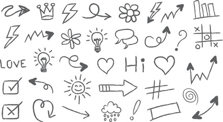 Hand drawn sketch doodle set. Hand drawn line heart, crown, star symbol highlight marker shape. Vector illustration. Hand drawn brush style doodle element set