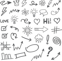 Crayon chalk doodle icon collection in rough sketch style. Hand drawn brush stroke arrows, hearts, stars, crowns, symbols, light bulb, check marks, speech bubbles and sun design shapes. Vector