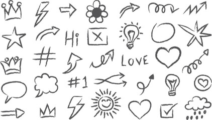 Crayon chalk doodle icon collection in rough sketch style. Hand drawn brush stroke arrows, hearts, stars, crowns, symbols, light bulb, check marks, speech bubbles and sun design shapes. Vector