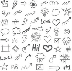 Hand drawn sketch doodle set. Hand drawn line heart, crown, star symbol highlight marker shape. Vector illustration. Hand drawn brush style doodle element set