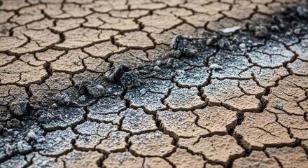 A  shot reveals the cracked and textured surface of dried earth, displaying a pattern of fissures and contrasting colors.