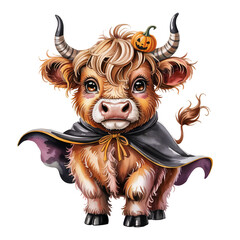 Cute Halloween highland cow in cloak. Hand drawn watercolor illustration.