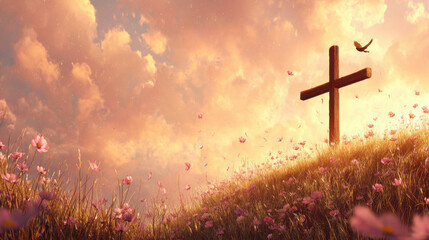 Cross on a Hillside Under a Beautiful Sky. A wooden cross stands on a grassy hill, with flowers and a bird, under a warm, heavenly sky filled with clouds.