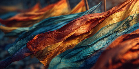 Colorful fabric flags fluttering in wind with warm sunlight creating vibrant scene