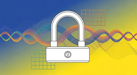 A white padlock centered against a vibrant blue and yellow background with flowing abstract waves and geometric patterns, symbolizing digital security.