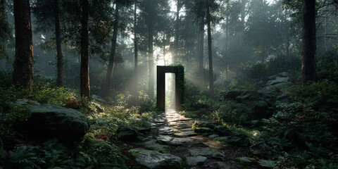 Mystical stone doorway in dense forest with sunlight streaming through trees
