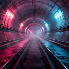 Obraz premium Neon-Lit Subway Tunnel - A Journey into the Unknown.