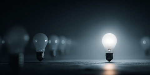 Glowing light bulb stands out among many unlit bulbs in dark, moody setting