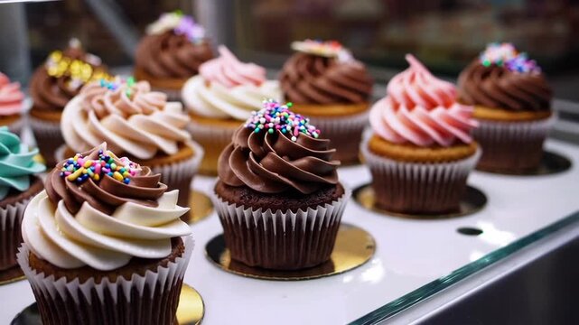 Colorful cupcake assortment on display in bakery with topping details