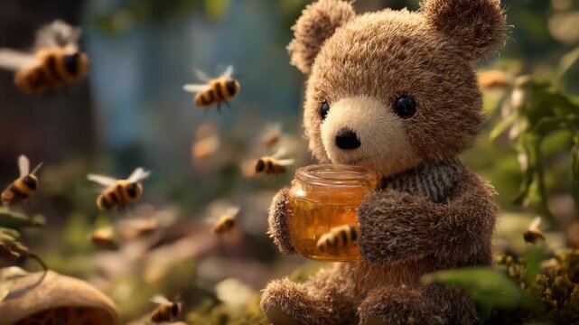 A charming fluffy teddy bear sits, holding a honey jar, surrounded by buzzing bees in a vibrant green, mossy forest