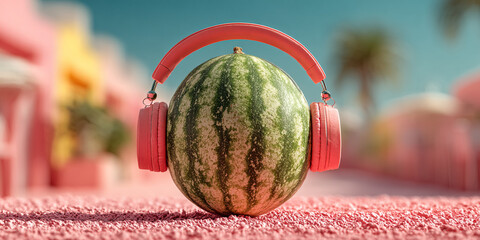 Watermelon wearing red headphones on pink textured surface with colorful background