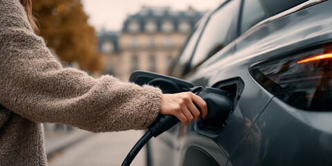 Close up of person plugging in electric vehicle charger on gray car outdoors