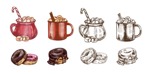Hand drawn vintage sketch of hot cocoa mugs with marshmallows and assorted donuts set in color and monochrome