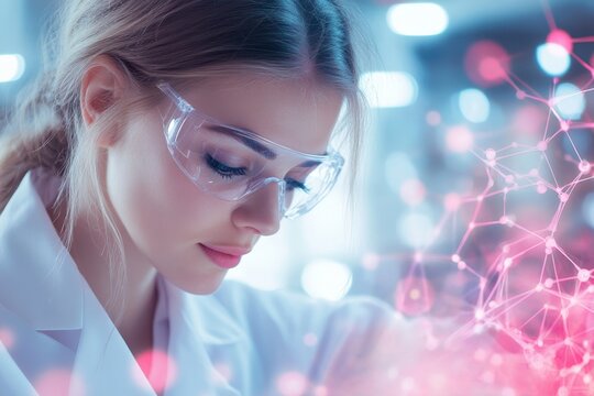 Young scientist in a lab examining samples with advanced technology during a research session