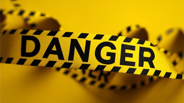 Caution: A close-up shot of a vivid yellow caution tape, diagonally across the frame, the bold word DANGER printed clearly, evoking a sense of immediate hazard or warning.