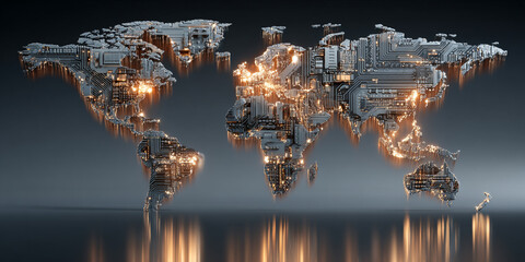 Glowing circuit board world map with digital technology and futuristic design concept
