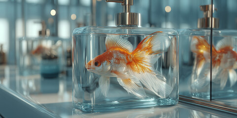 Goldfish swimming inside clear glass soap dispenser with reflective surfaces around