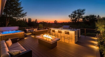 Exterior deck with warm lighting features a hot tub, lounge seating, a fire pit, and a bar area during the twilight hours, providing a tranquil and inviting atmosphere amidst the natural surroundings.