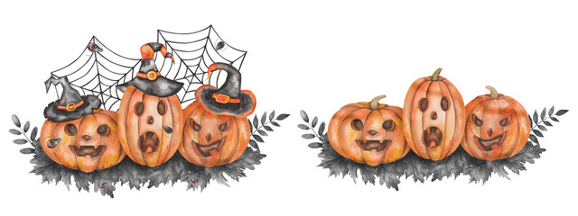 Watercolor illustration. Set of Halloween pumpkins. Hand painted carved orange pumpkins on black leaves, with witch hats, cobweb, spiders. Jake-o-lantern. Isolated clip art. All hallows eve
