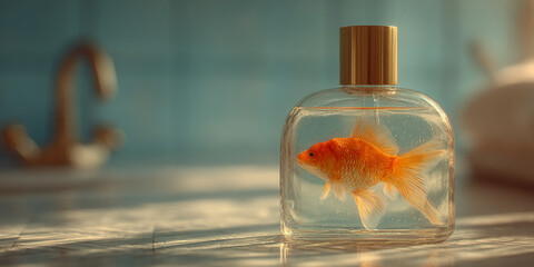 Goldfish swimming inside transparent bottle with golden cap on tiled surface