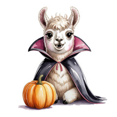 Cute llama like a Dracula vampire. Hand drawn watercolor illustration.