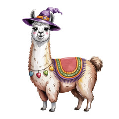 Cute llama in Halloween witch hat. Hand drawn watercolor illustration.