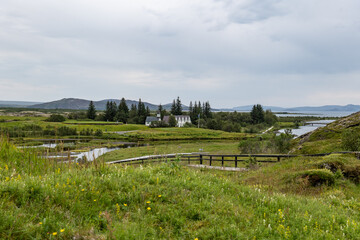 Thingvellir national park and Thingvallakirkja church in Iceland