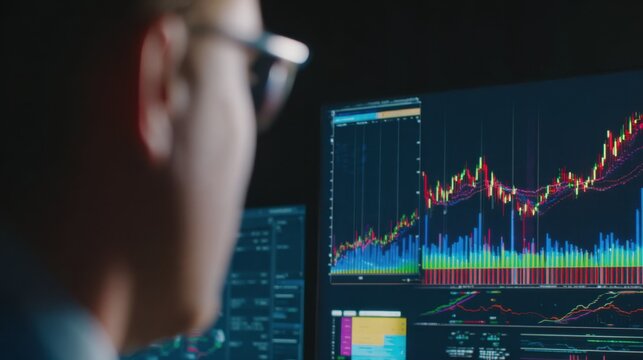 Medium shot focusing on a computer screen displaying predictive AI inventory charts while the analyst in soft focus plans future stock purchases.