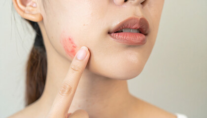 Obraz premium A close-up of a woman's face with a red rash or allergic reaction.