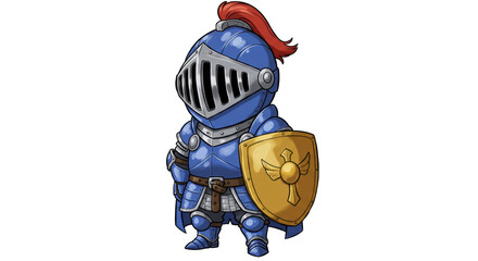 Chibi knight in blue armor with golden shield isolated PNG, cute cartoon character for fantasy games and medieval themed designs
