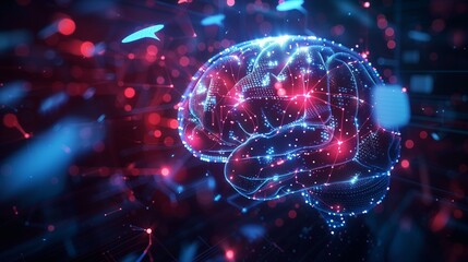 Glowing holographic brain made of circuits and polygons, speech bubbles orbiting around, AI chatbot communication theme.