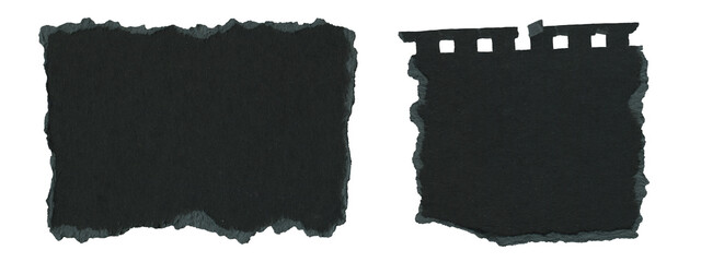 Torn Black Paper pieces with rough edges collection. Isolated retro grunge Notes and Scrapbook elements on transparent background