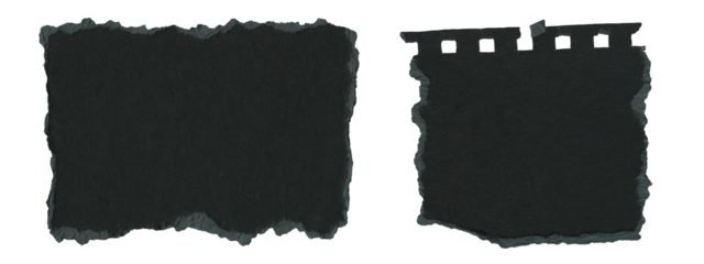 Torn Black Paper pieces with rough edges collection. Isolated retro grunge Notes and Scrapbook elements on transparent background