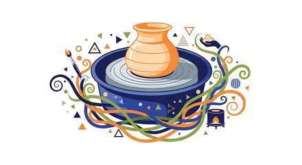 An illustration of a clay pot being formed on a potter's wheel, surrounded by artistic swirls, tools, and geometric shapes.