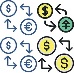 Financial currency exchange illustration with multiple dollar symbols and euro symbols with upward arrow 