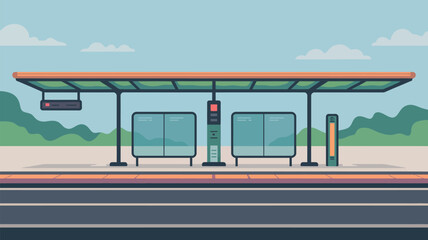 Fototapeta premium A cartoon bus stop with benches and a shelter against a background of hills and a light blue sky