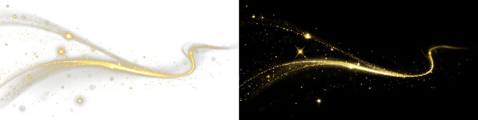 Brilliant luxury light wave, twirling shine, fantasy glow background, sparkling fire effect, black trail, curved magic beam, golden dust overlay.  © kulinskaia