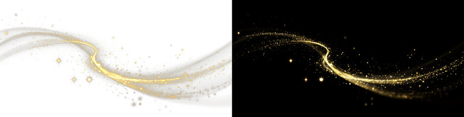 Luxury wave with brilliant shine and twirling light, glowing fantasy background, bright fire effect, black sparkle trail, curved magic beam, golden flickering dust.  © kulinskaia