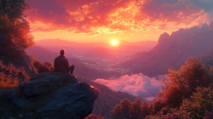 Silhouette of a person on a rock during sunrise above the clouds and mountains.
Perfect for travel blogs, articles about meditation, travel, nature, as well as a background  