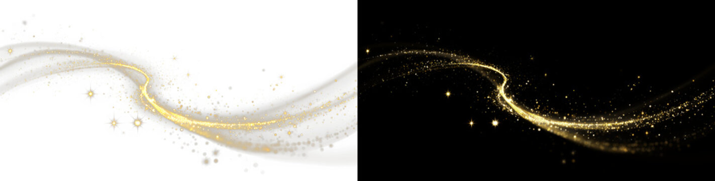 Luxury wave with brilliant shine and twirling light, glowing fantasy background, bright fire effect, black sparkle trail, curved magic beam, golden flickering dust.
