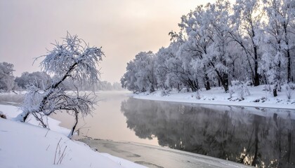 Tranquil winter landscape presents a serene river scene surrounded by snow-covered trees and a delicate covering of frost on the tree branches, showcasing nature's beauty and cold weather.