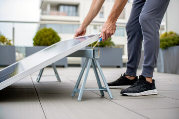 Person assembling a solar panel with a screwdriver on a residential balcony stand.
