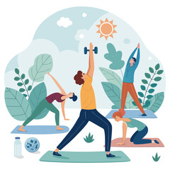Vector art of group of people doing yoga exercises outdoor with mountain view, sun, trees, plants, dumbbells, water bottle and mat on isolated background