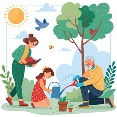 Vector art of a grandfather waters the plants in the garden while his daughter and granddaughter read a book under a tree on a sunny spring day illustration