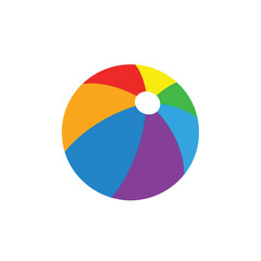 Obraz premium A vibrant, multi-colored beach ball with segments of red, yellow, blue, green, and purple, symbolizing fun and summer activities