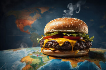 Juicy fresh American grill burger on map, postcard World Food Day AI Generative