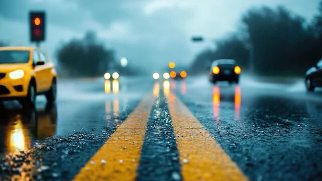 A wet road with a yellow centerline for safe driving
