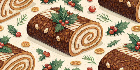 Yule Log Cake Christmas Seamless Pattern, Holiday Event Festive Dessert